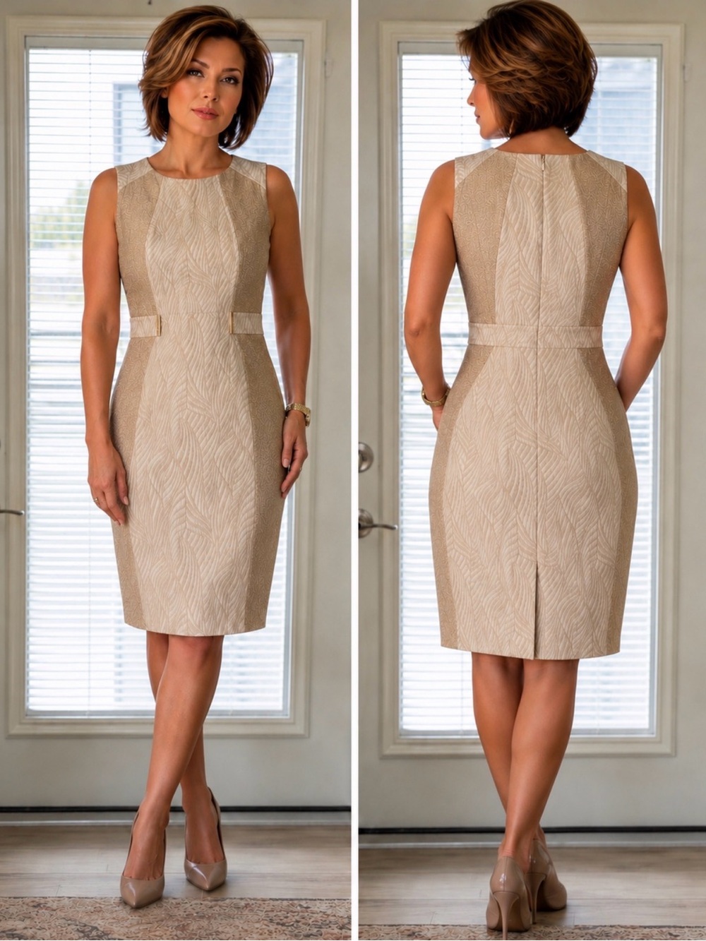 Calvin Klein Neutral Beige Textured Sheath Midi Dress